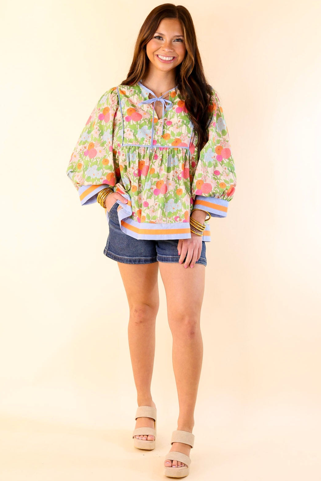 Floral Fantasy Multicolor Floral Print Top with 3/4 Sleeves