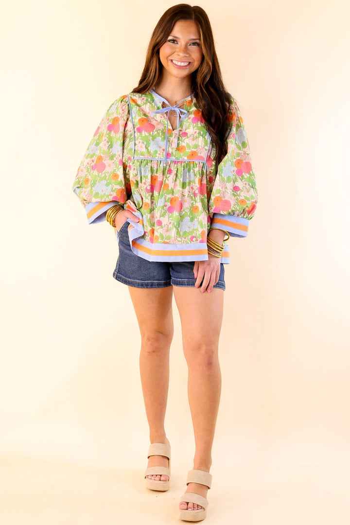 Floral Fantasy Multicolor Floral Print Top with 3/4 Sleeves