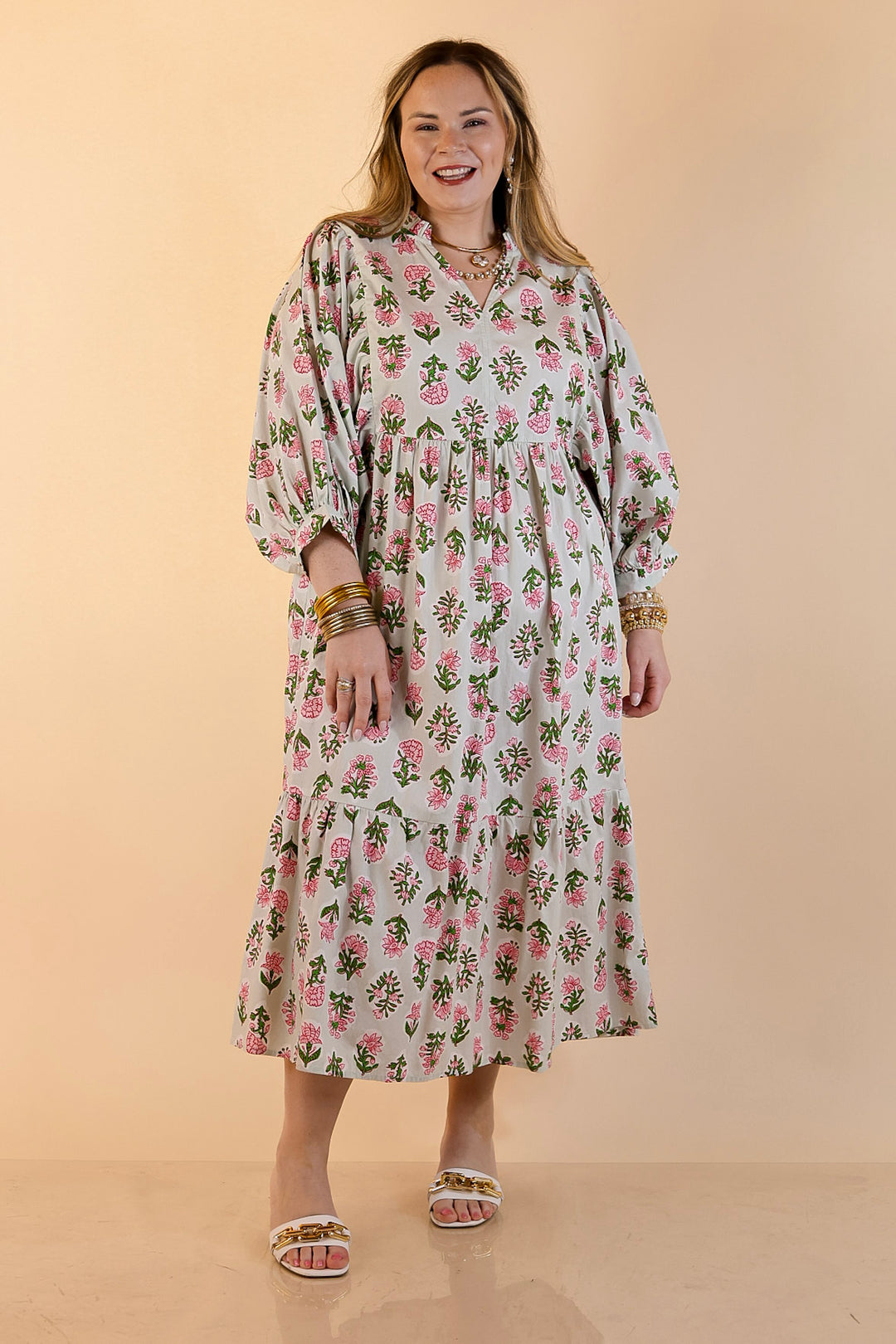 Mud Pie | Lovely Impression Cotton Poplin Floral Midi Dress with Ruffle Collar and Puff Sleeves in Sage Multi