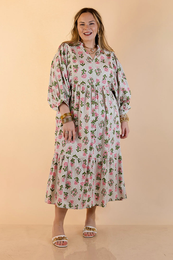 Mud Pie | Lovely Impression Cotton Poplin Floral Midi Dress with Ruffle Collar and Puff Sleeves in Sage Multi