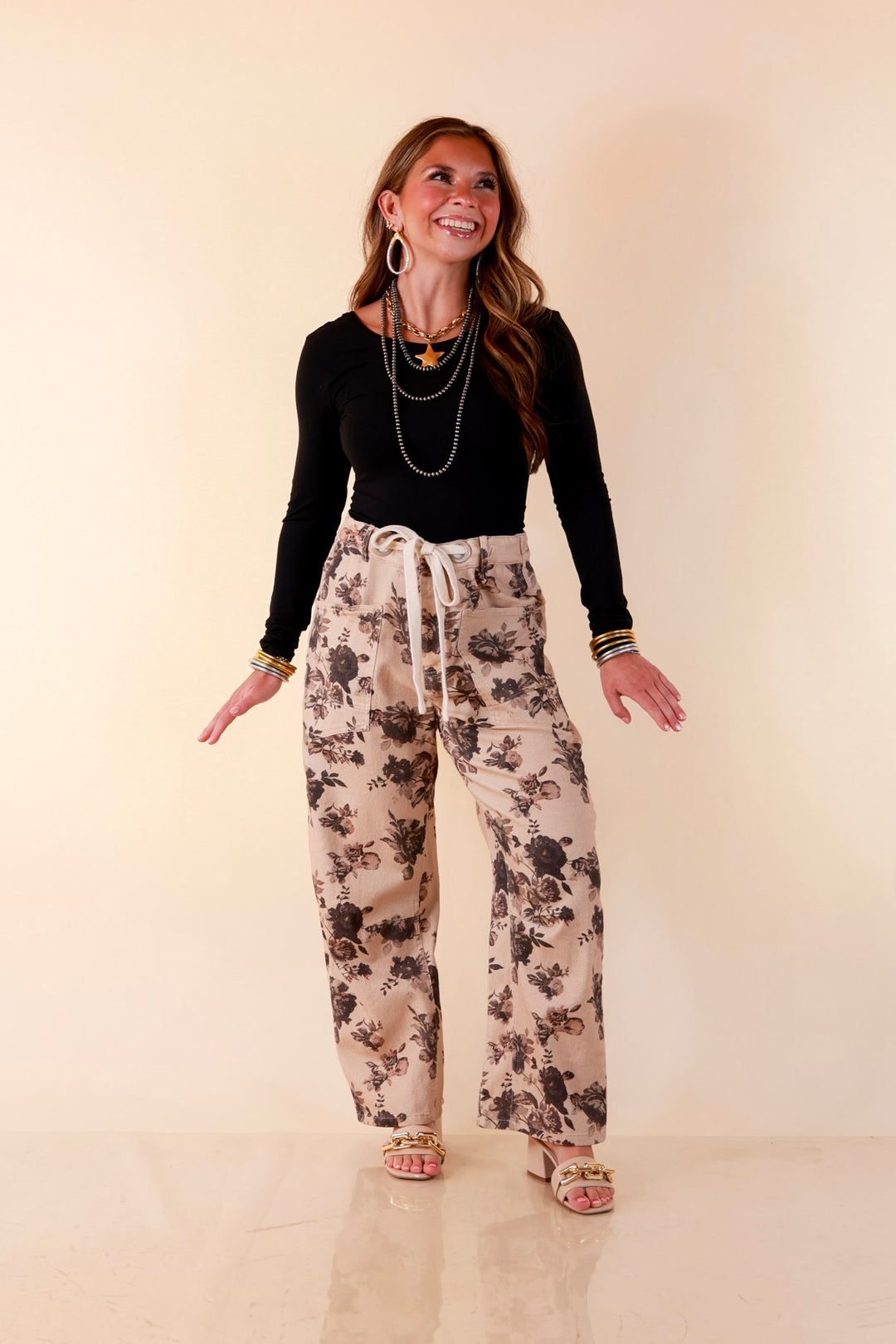 Just My Type Floral Print Wide Leg Barrel Jeans with Drawstring Waist in Beige