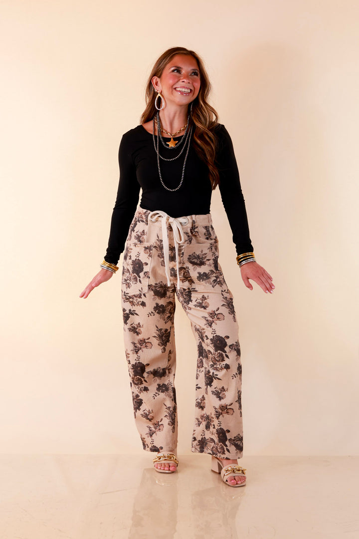 Just My Type Floral Print Wide Leg Barrel Jeans with Drawstring Waist in Beige