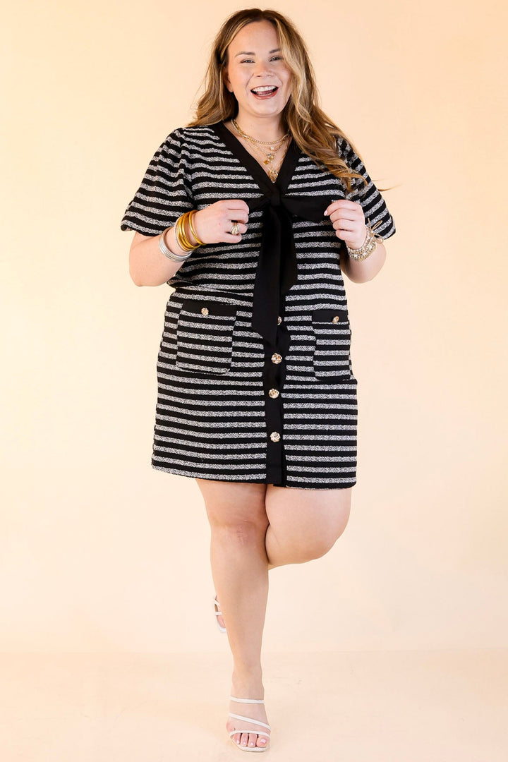 Stripes of Elegance A-Line Button-Up Dress With Puff Sleeves, and Bow Detail in Black