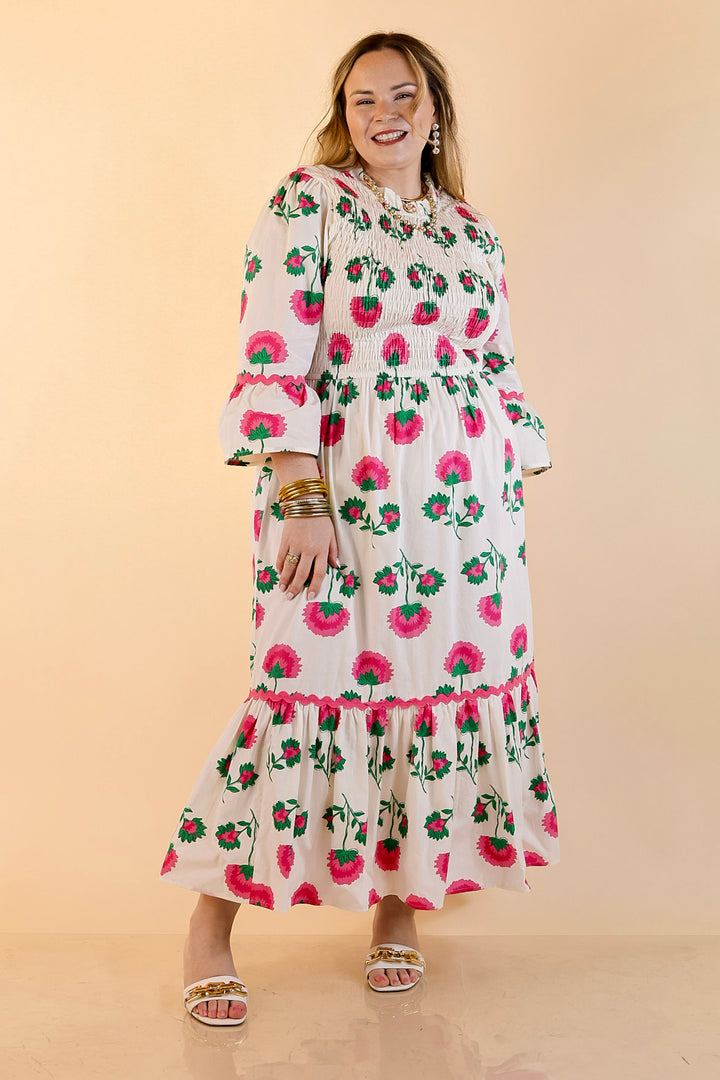 Mud Pie | Petal Parade Smocked Floral Print Tiered Midi Dress with Scallop Trim in Cream Multi