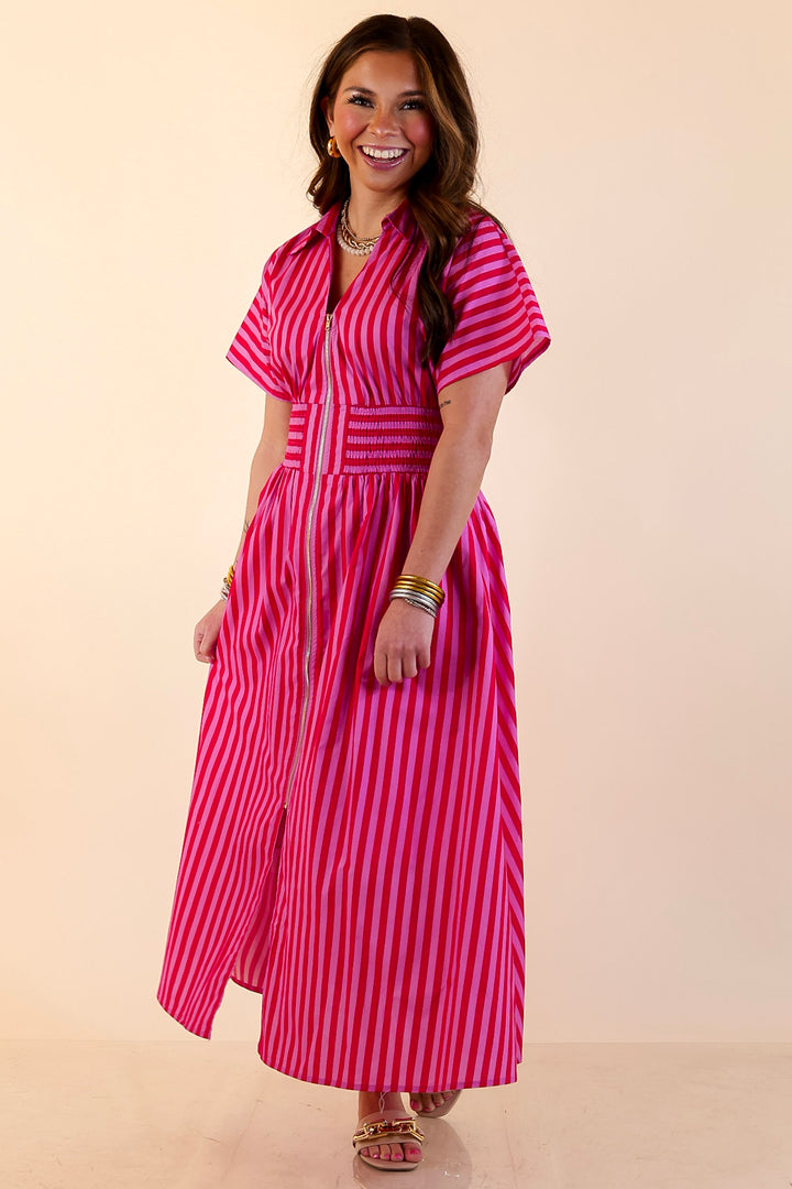 Modern Charm Zip Front Midi Striped Print Dress with Smocked Waist and Short Sleeves in Pink and Red