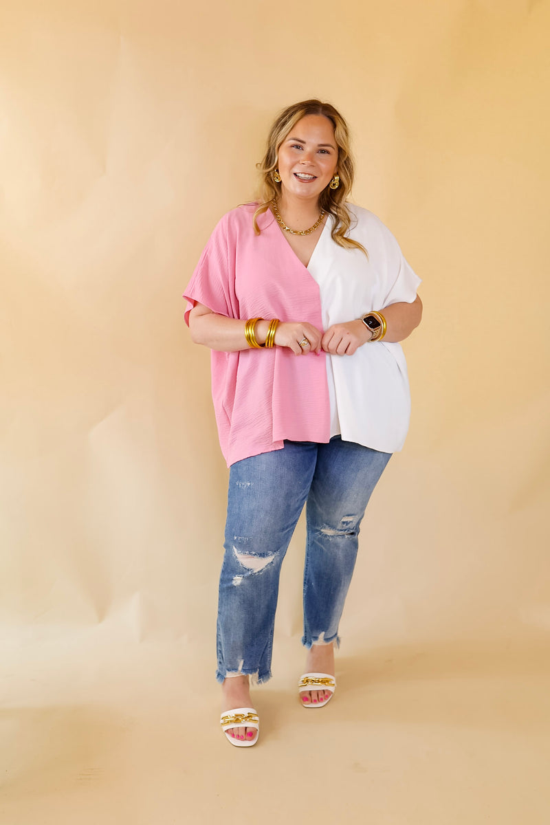 Weekend Out V Neck Placket Color Block Short Sleeve Top in Ivory and Pink