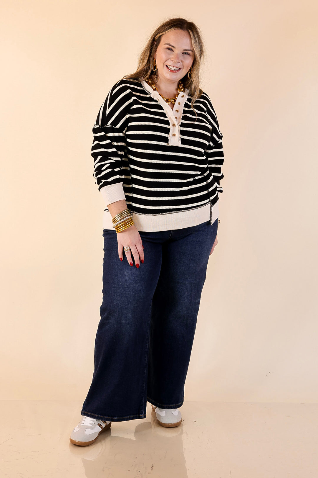 Casual Edge Long Sleeve Striped Henley Knit Top with Dropped Shoulders in Black with Ivory Stripes