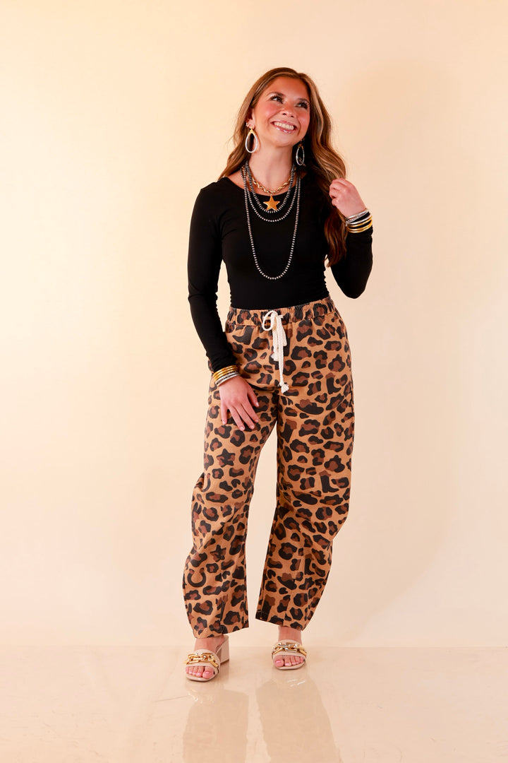 Modern Drama Leopard Print Wide Leg Barrel Jeans with Elastic Drawstring Waist in Camel Brown