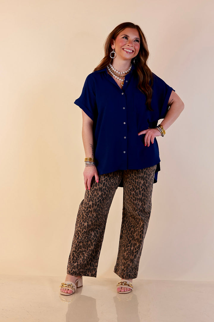 Timeless Appeal Woven Airflow Button Front Top with Rolled Cuff Short Sleeves and Front Pocket in Navy Blue