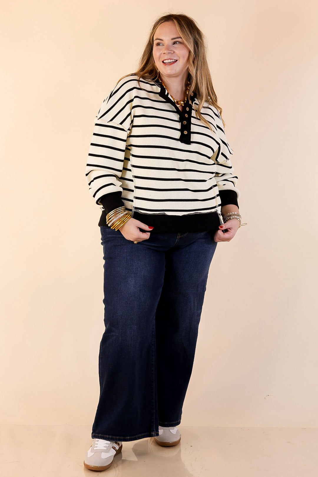 Casual Edge Long Sleeve Striped Henley Knit Top with Dropped Shoulders in Ivory with Black Stripes