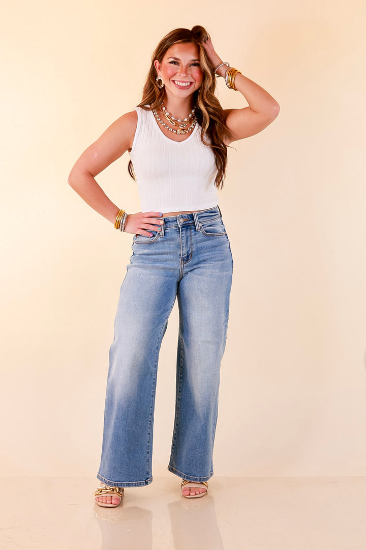 Simply Essential Sleeveless Ribbed Knit V Neck Tank Top in White