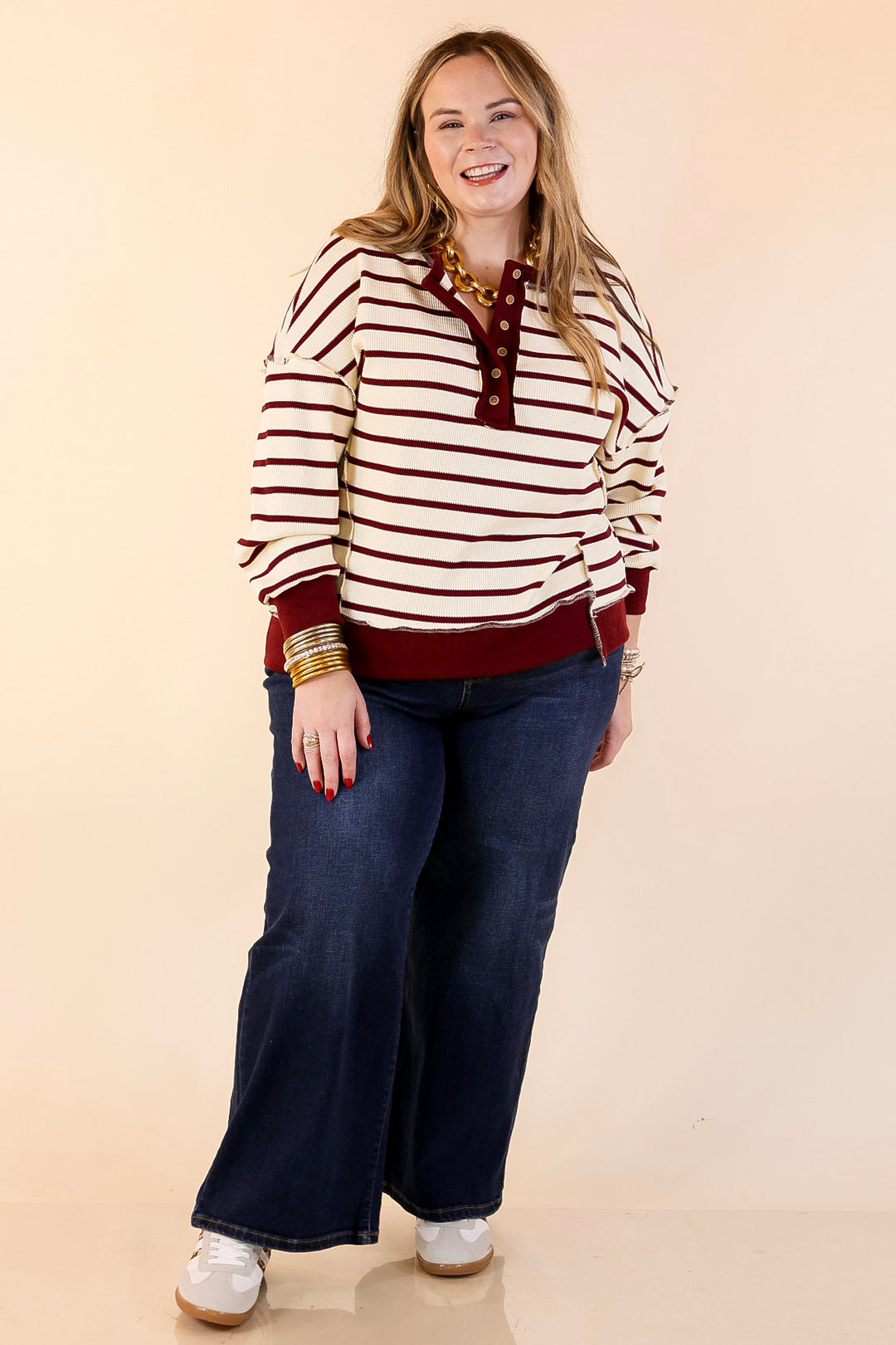 Casual Edge Long Sleeve Striped Henley Knit Top with Dropped Shoulders in Ivory with Maroon Stripes