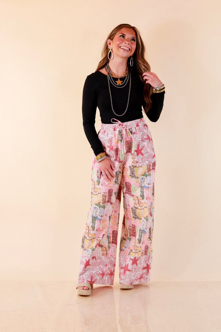 Pairs Well with Others Boots and Stars Mixed Print Drawstring Pants with Elastic Waistband in Red Mix