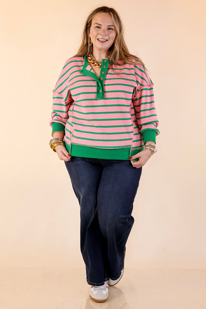 Casual Edge Long Sleeve Striped Henley Knit Top with Dropped Shoulders in Pink with Green Stripes