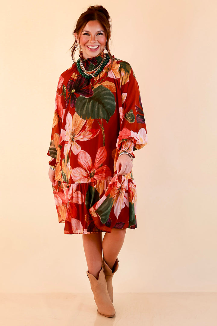 Autumn Romance Ruffle Neck Long Sleeve Floral Peplum Dress in Rust Red Multi