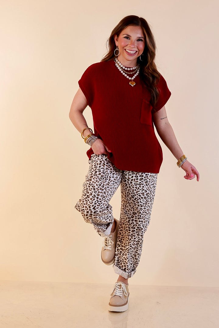 Repeat Ready Cap Sleeve Sweater with Front Pocket in Maroon