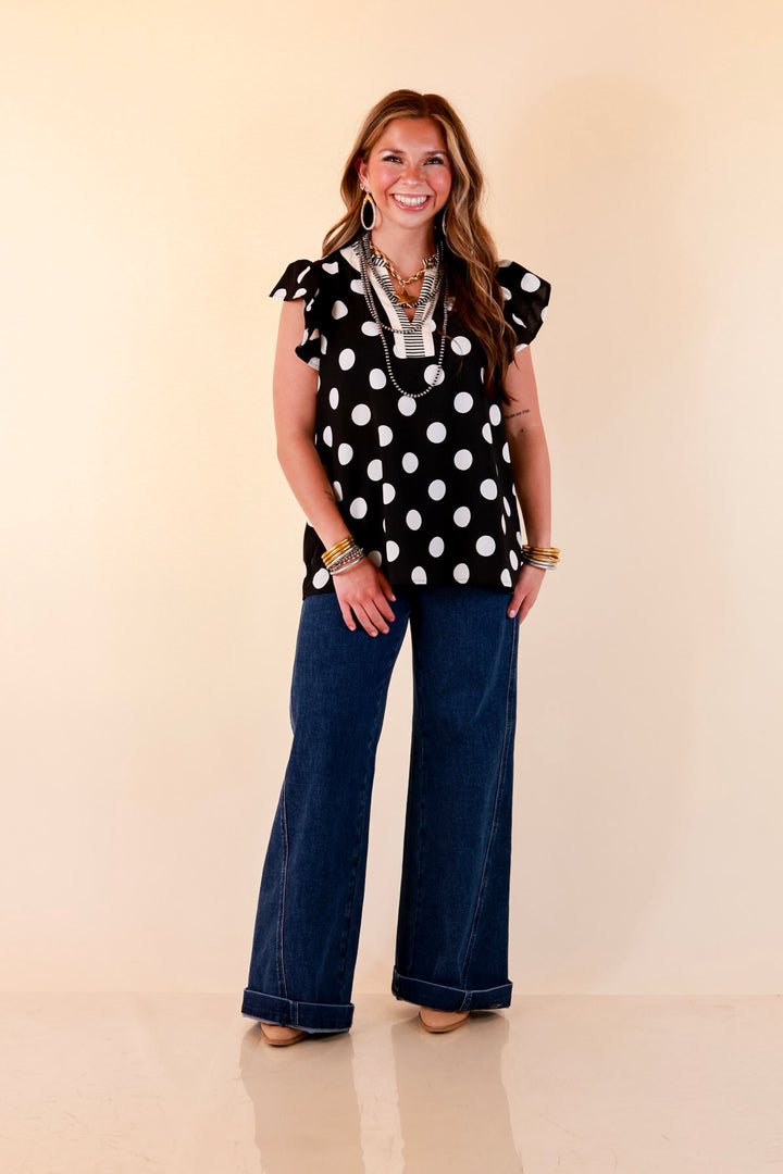 In Good Company Large Polka Dot Blouse with Ruffle Sleeves and Contrast Trim and Collar in Black with Cream Dots