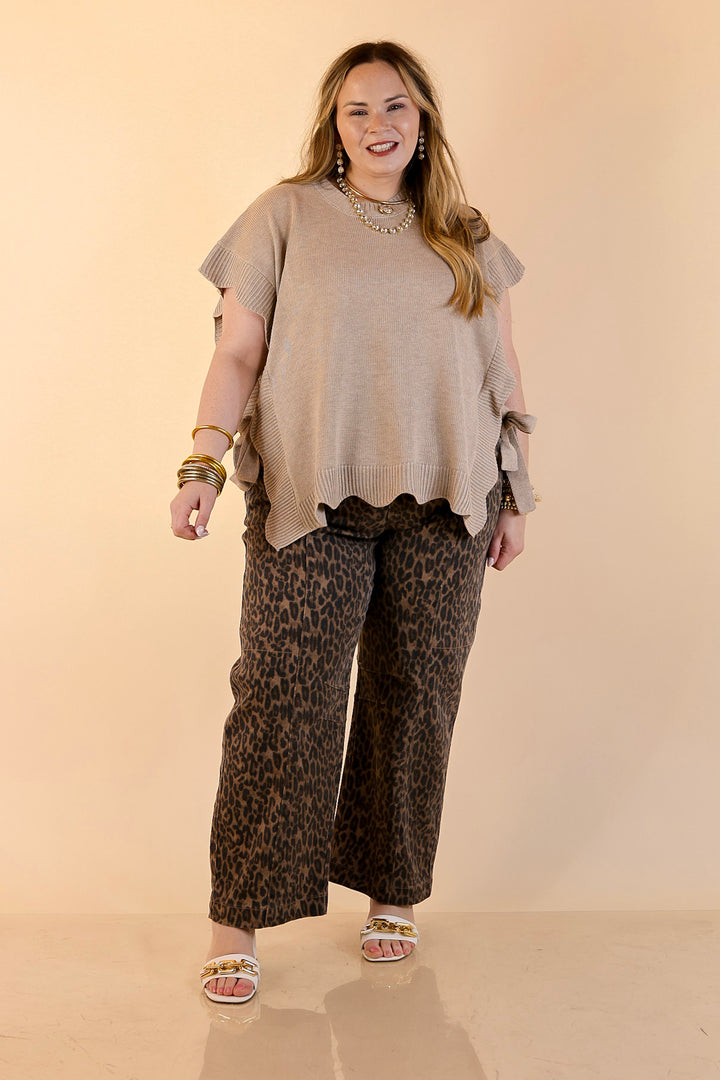 Mud Pie | Sweet Simplicity Scalloped Edge Side Tie Knit One Sized Poncho Sweater in Tan