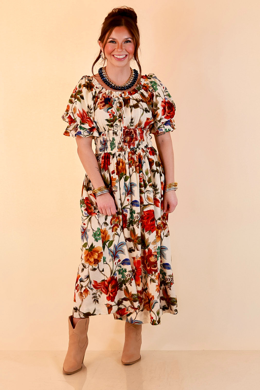 Autumn in the Air Puff Sleeve Smocked Waist Floral Print Tiered Midi Dress in Ivory Multi