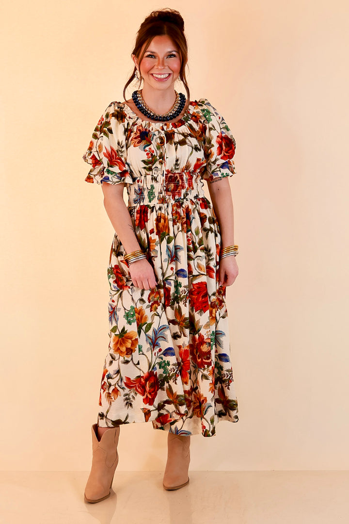 Autumn in the Air Puff Sleeve Smocked Waist Floral Print Tiered Midi Dress in Ivory Multi