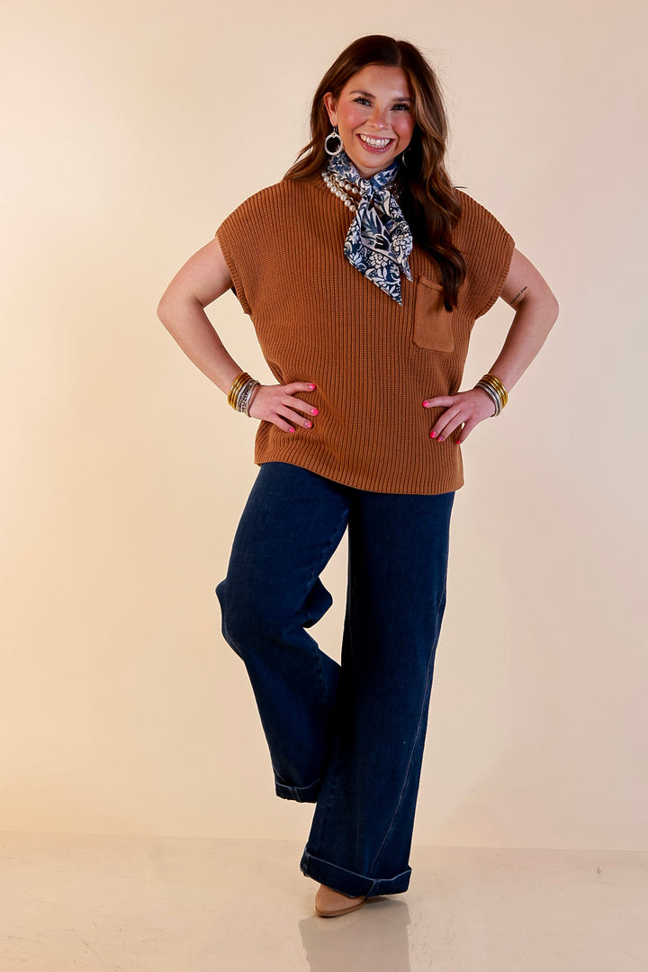 Repeat Ready Cap Sleeve Sweater with Front Pocket in Camel Brown