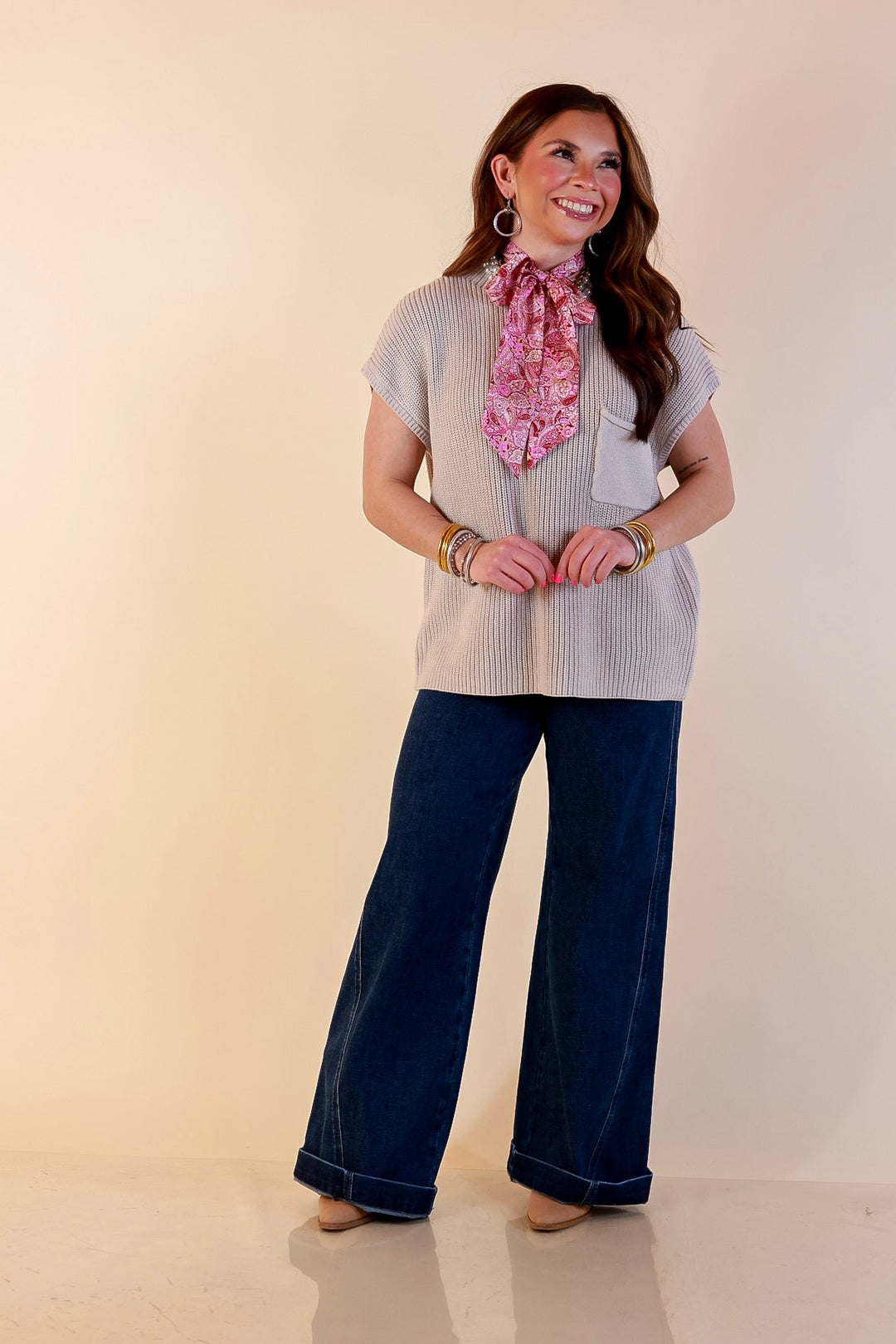 Repeat Ready Cap Sleeve Sweater with Front Pocket in Stone Beige