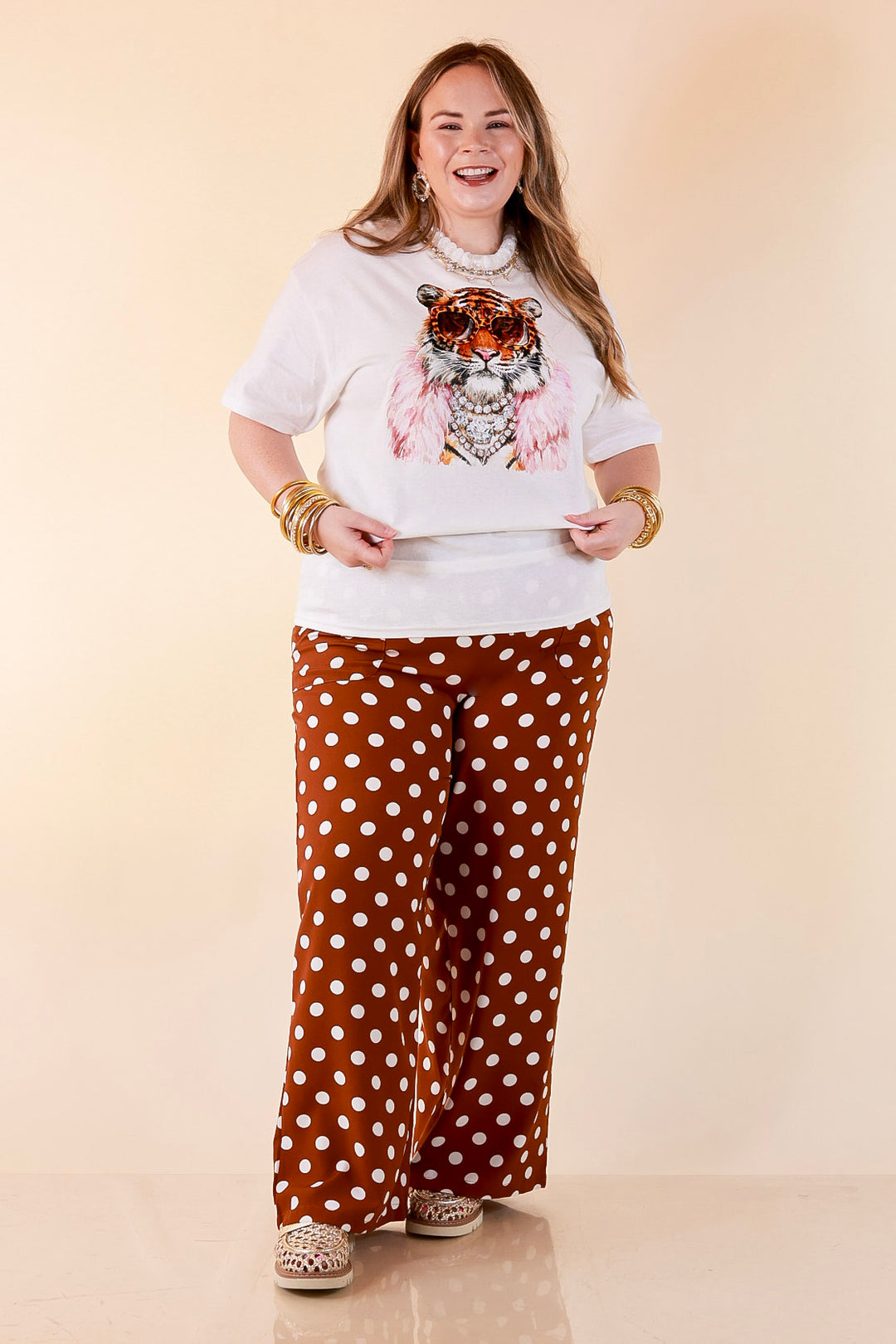 Dressed to Roar Glamourous Tiger Printed Short Sleeve Graphic in White