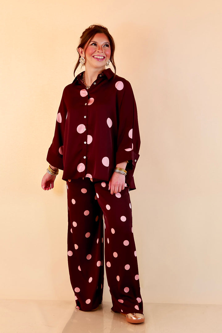 Two of a Kind Full Length Wide Leg Pull-On Drawstring Blush Pink Polka Dot Pants in Maroon