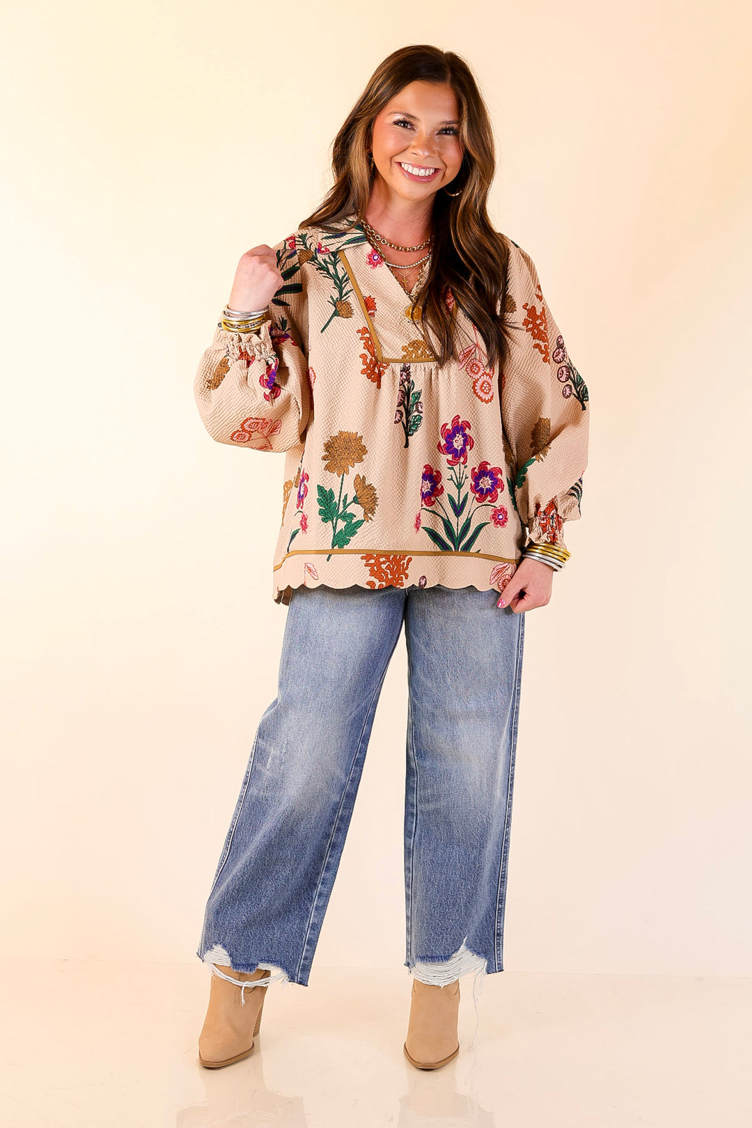 Garden Soirée Floral Print Collared Blouse with Long Balloon Sleeves in Tan