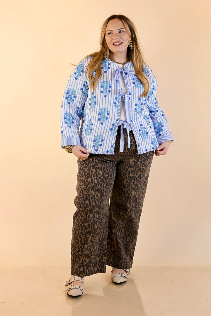 Mud Pie | Charming Glance Floral Print Stripe Quilted Tie Front Jacket in Blue and White