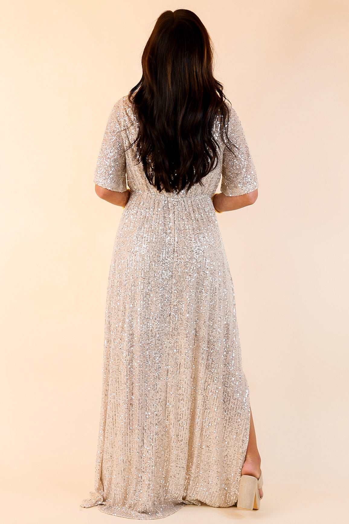 Sparkle In The City Short Sleeve Sequin Maxi Dress in Champagne