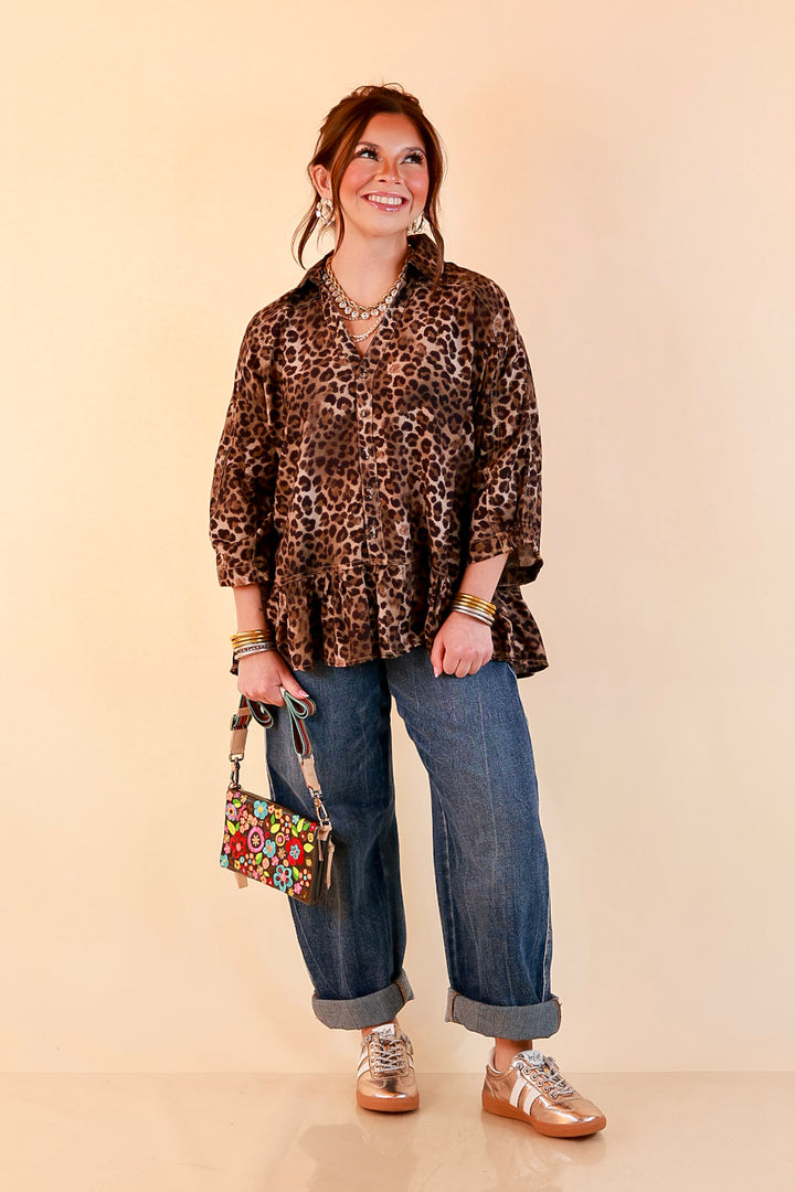 Quite the Impression Collared Button Front Leopard Print Peplum Top in Brown Multi