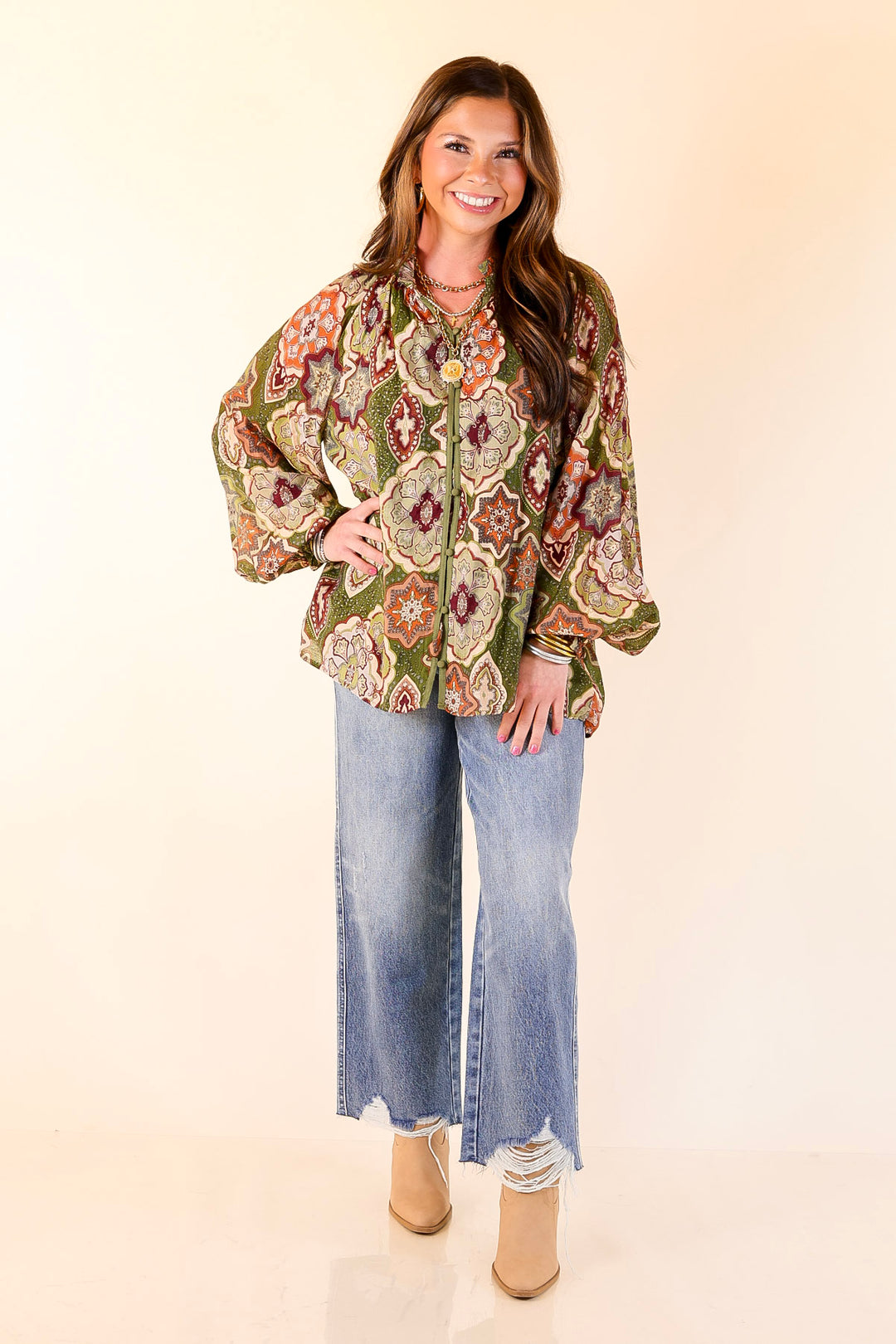 Mosaic Muse Boho Mosaic Print Long Balloon Sleeve Blouse in Olive Green, Maroon and Rust Orange
