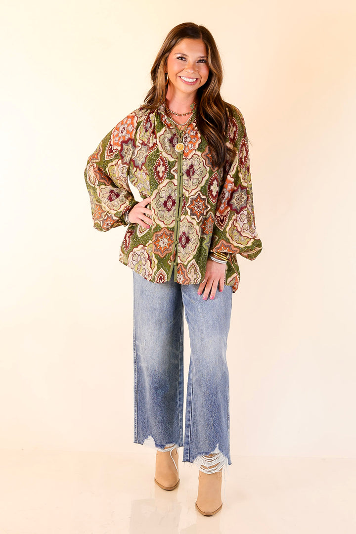 Mosaic Muse Boho Mosaic Print Long Balloon Sleeve Blouse in Olive Green, Maroon and Rust Orange