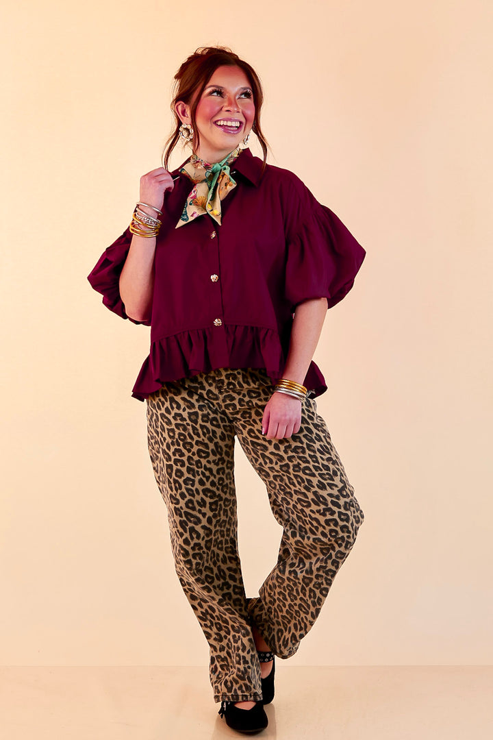 Style in Session Solid Button Down Peplum Bubble Sleeve Top in Maroon