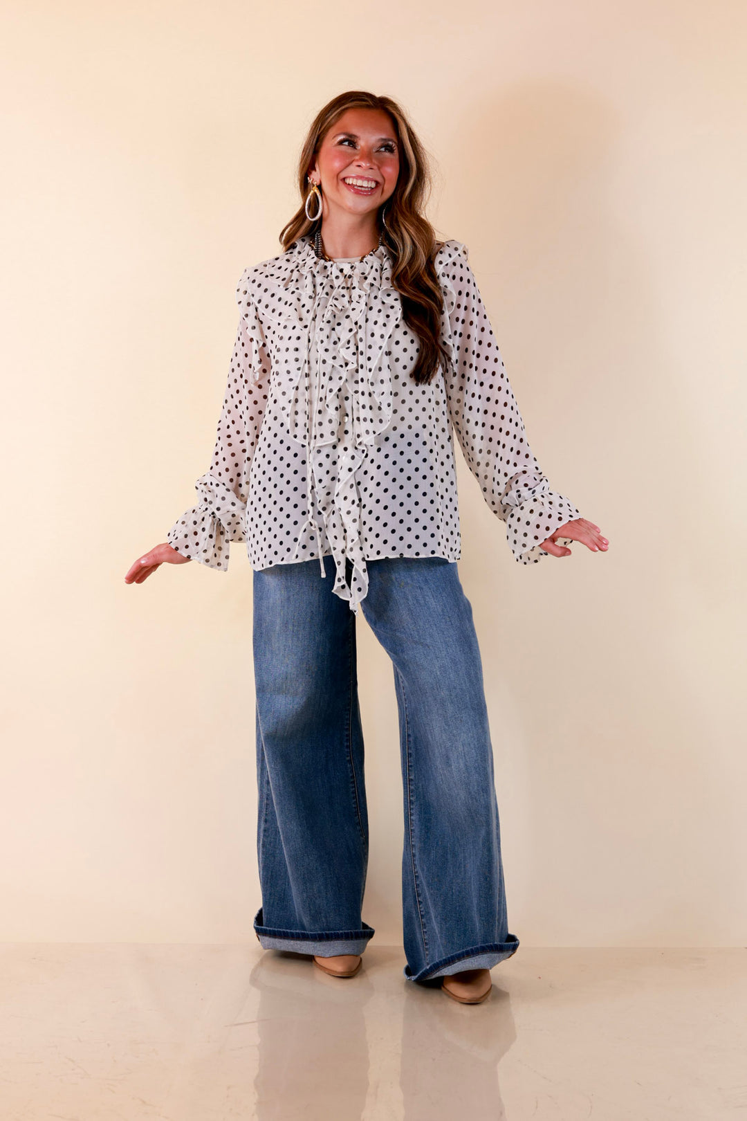 Finer Things Long Sleeve Sheer Ruffle Polka Dot Print Blouse with Balloon Sleeves in White with Black Dots