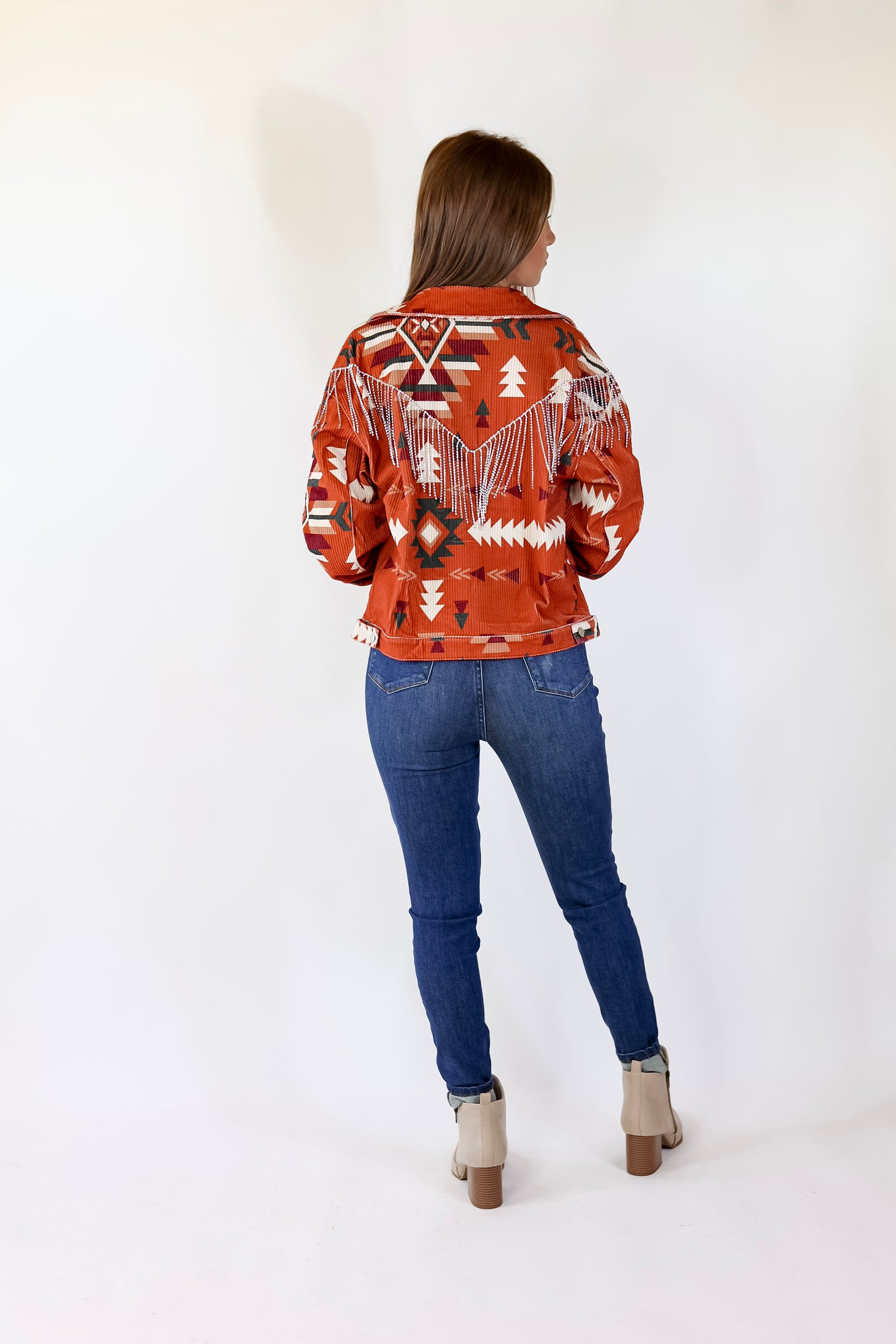 Signature Moves Aztec Print Jacket with Crystal Fringe in Rust Orange - Giddy Up Glamour Boutique