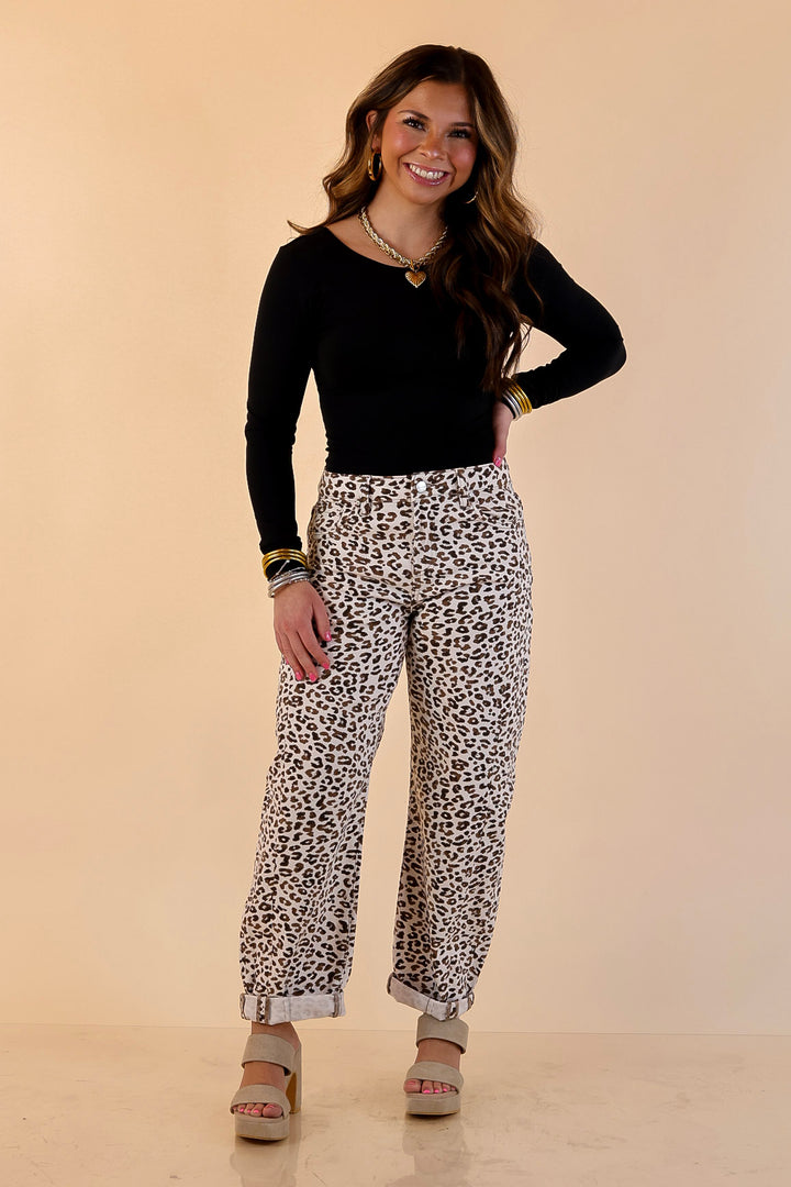 Risen | Wild Intentions Leopard Print Barrel Jeans in Ivory and Brown