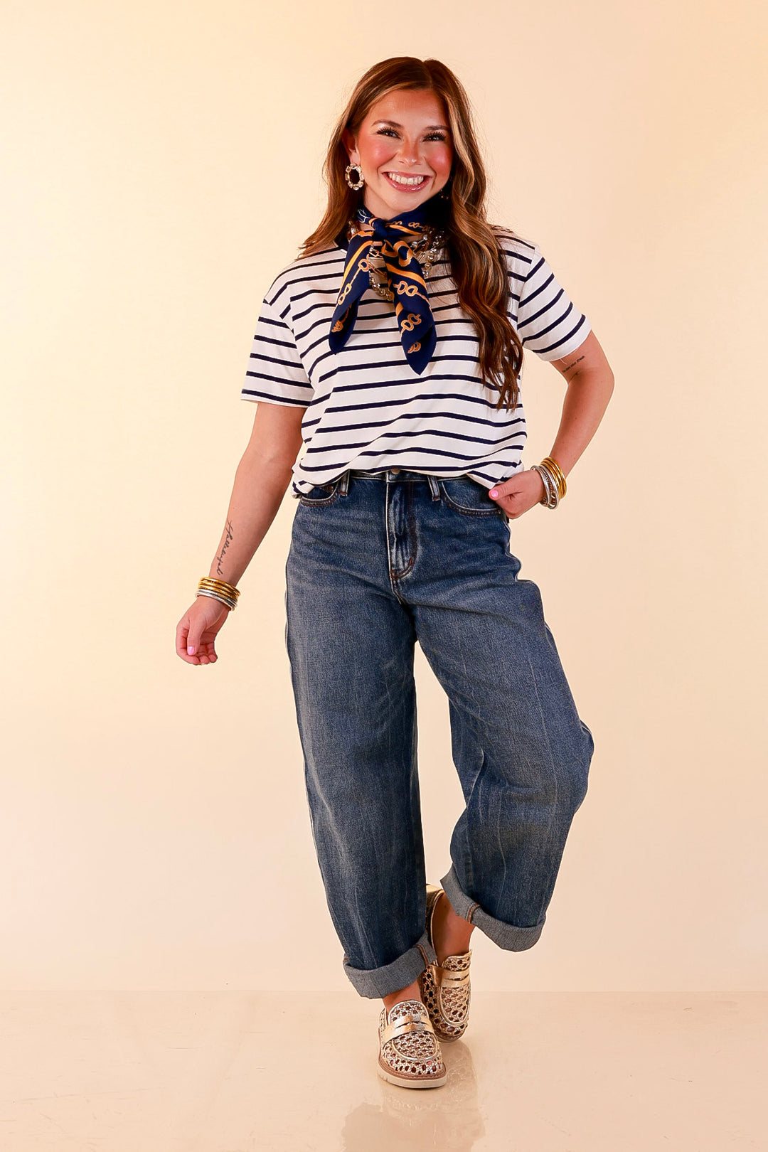 The Daily Stripe Scoop Neck Short Sleeve Striped Tee Top in Navy Blue