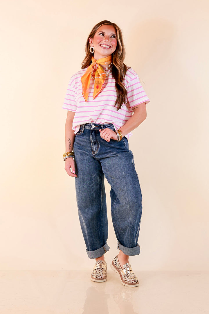 The Daily Stripe Scoop Neck Short Sleeve Striped Tee Top in Lilac Pink