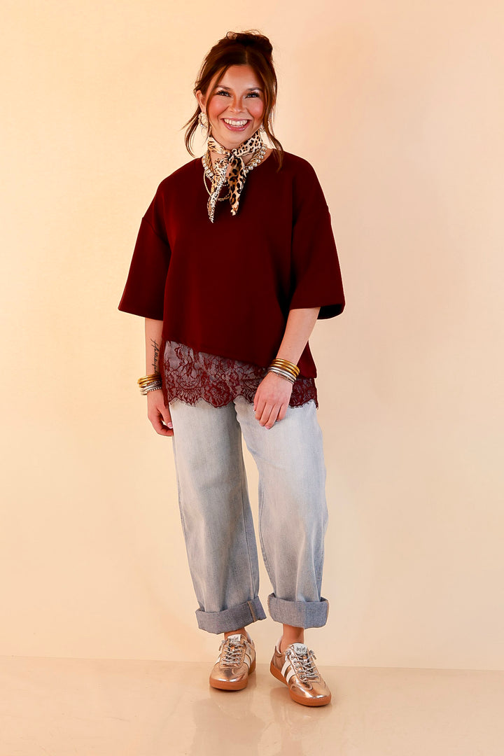 Laced with Charm Oversized Asymmetrical Lace Trim Boxy Top in Maroon