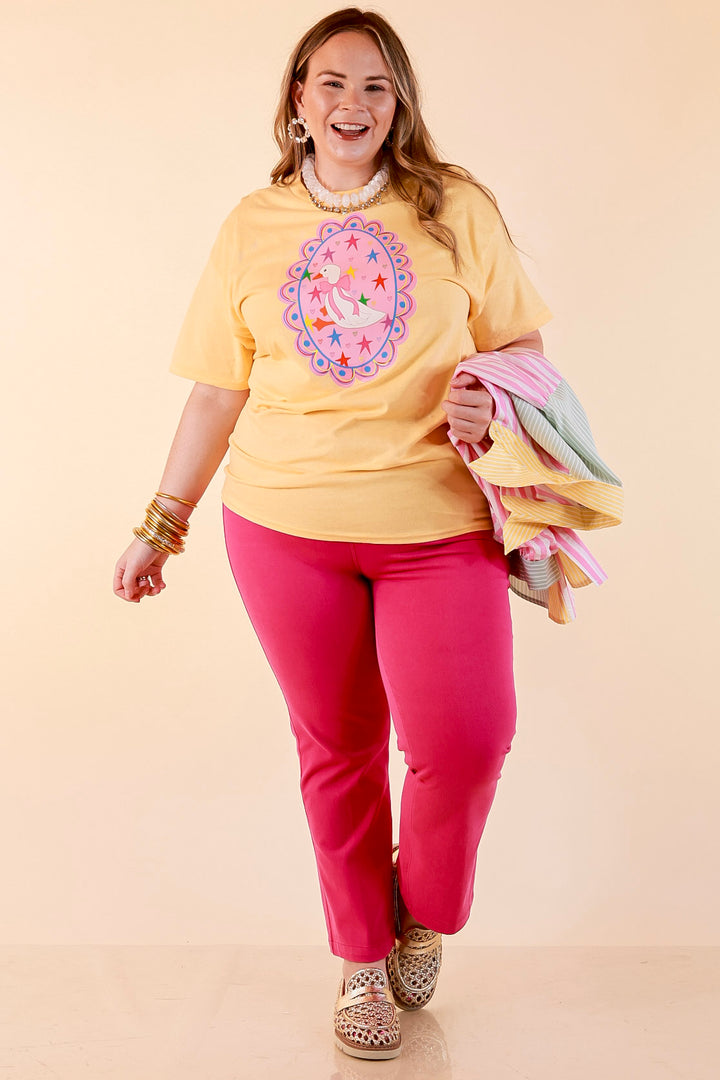 Goose on the Loose Whimsical Pink Background with Stars and Hearts Goose Printed Graphic Tee in Butter Yellow