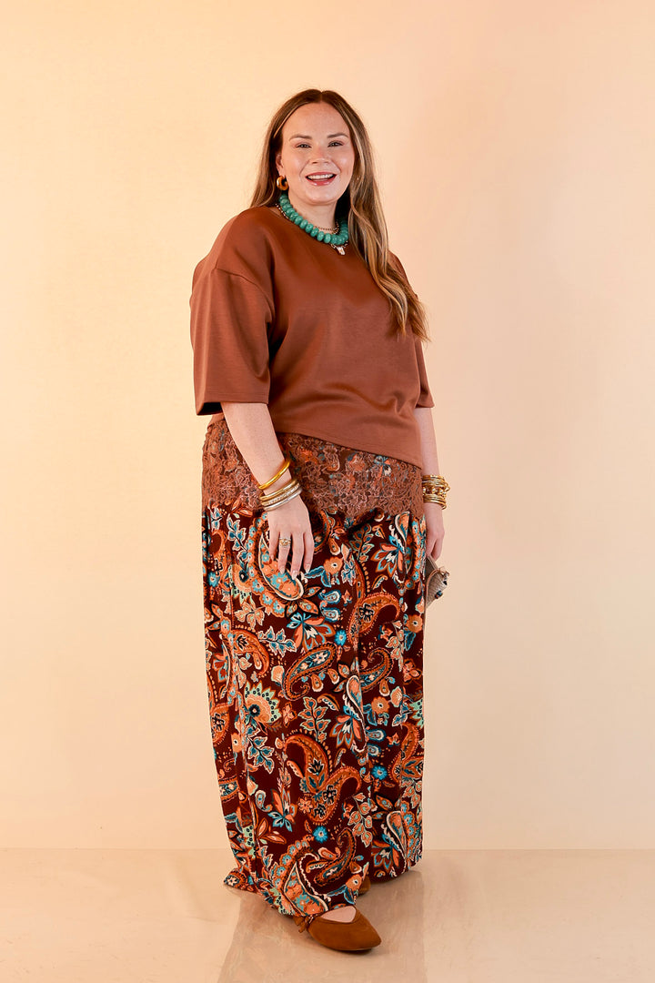 Laced with Charm Oversized Asymmetrical Lace Trim Boxy Top in Coco Brown