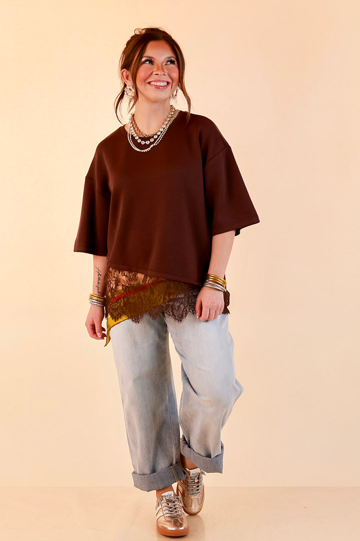 Laced with Charm Oversized Asymmetrical Lace Trim Boxy Top in Chocolate Brown
