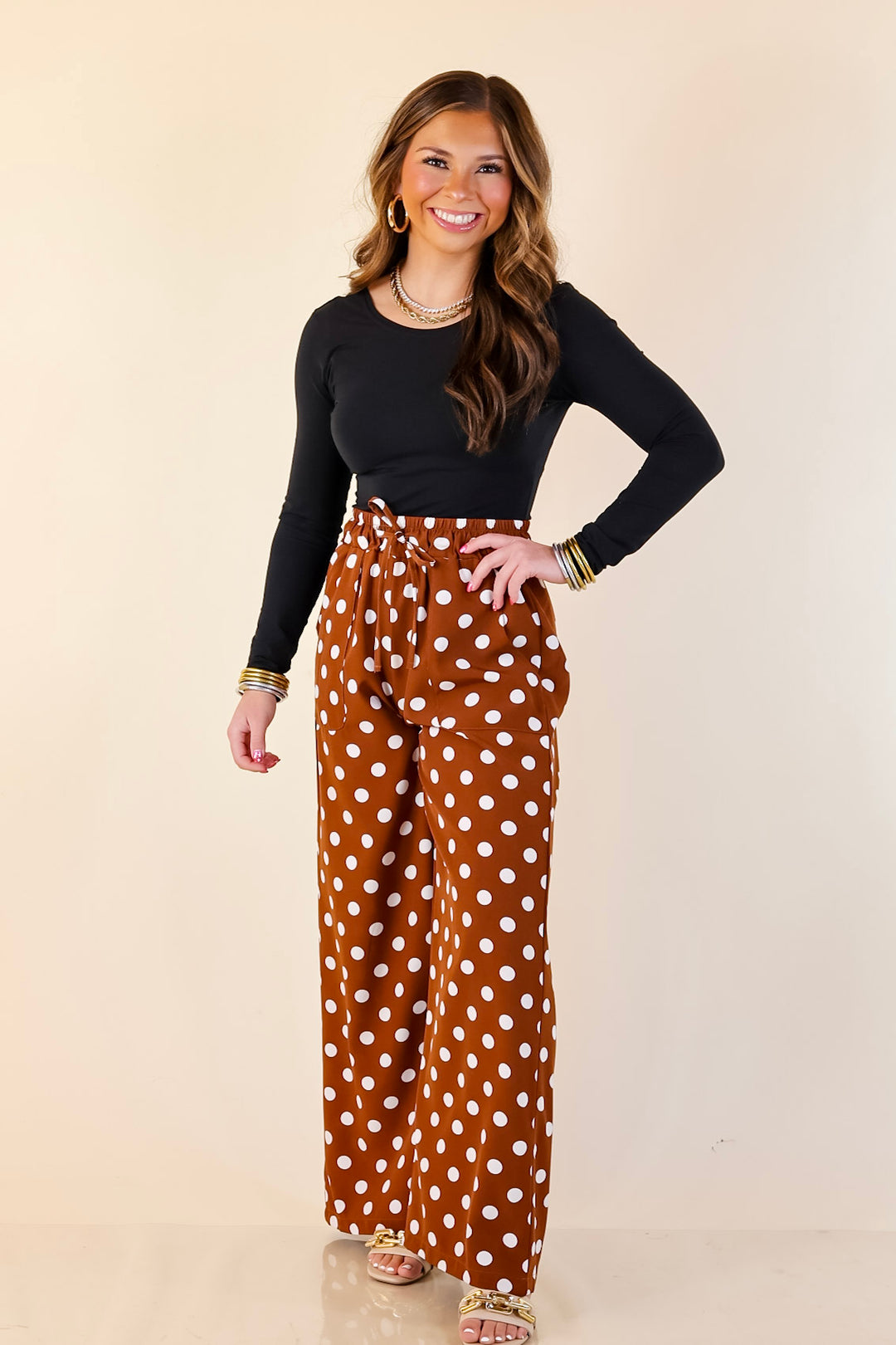 Pairs Well with Others Polka Dot Print Drawstring Pants with Elastic Waistband in Brown
