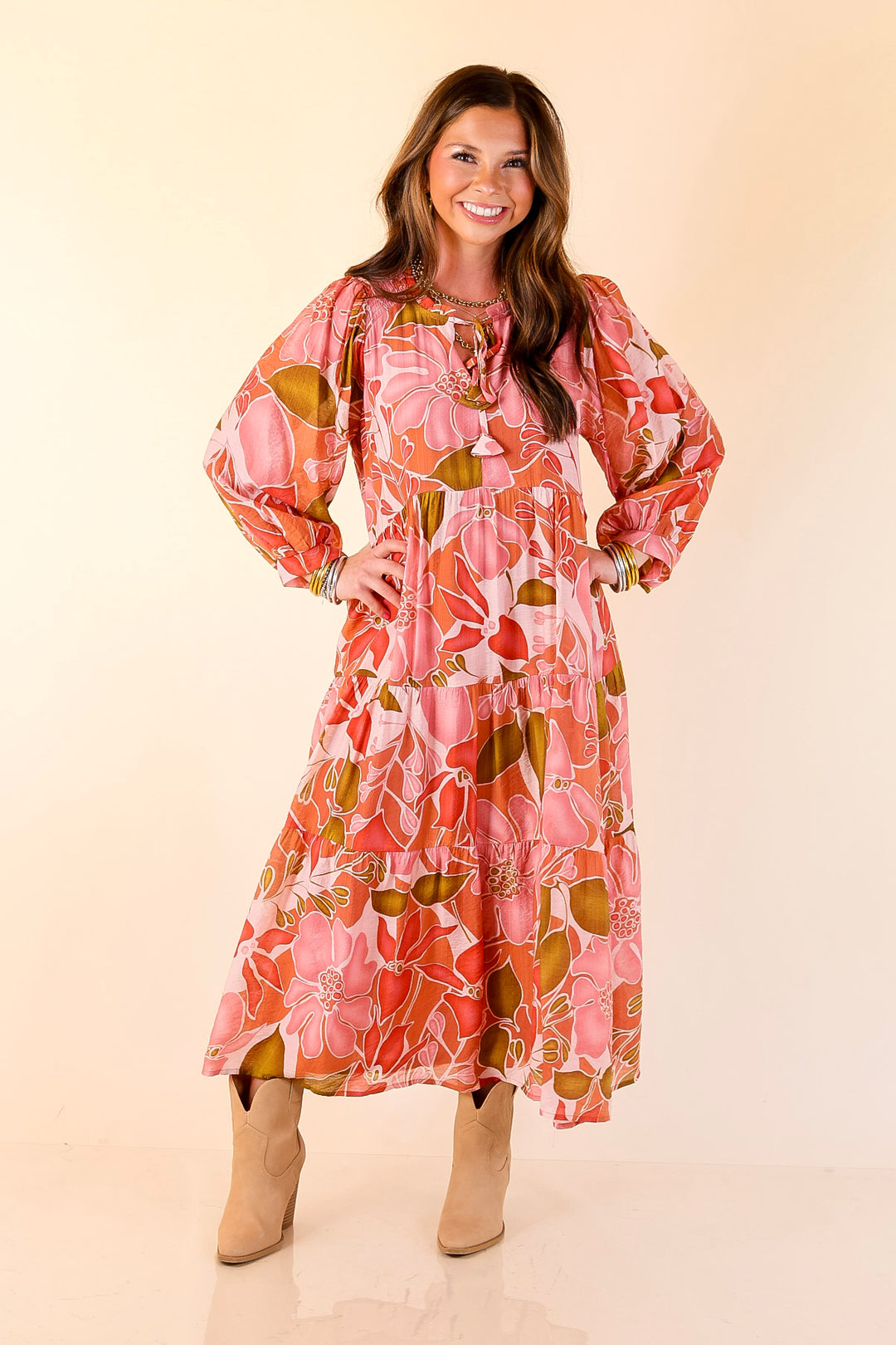 Budding Beauty Floral Print Midi Dress in Pink and Olive Green Mix