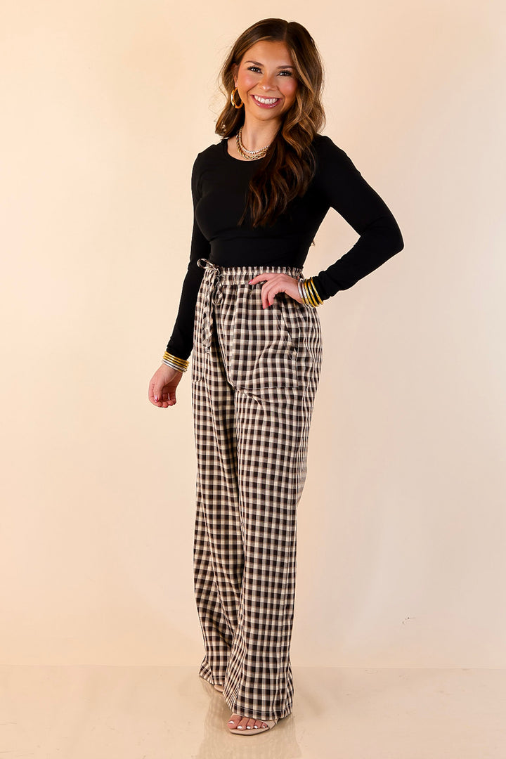 Pairs Well with Others Plaid Checkered Print Drawstring Pants with Elastic Waistband in Ivory