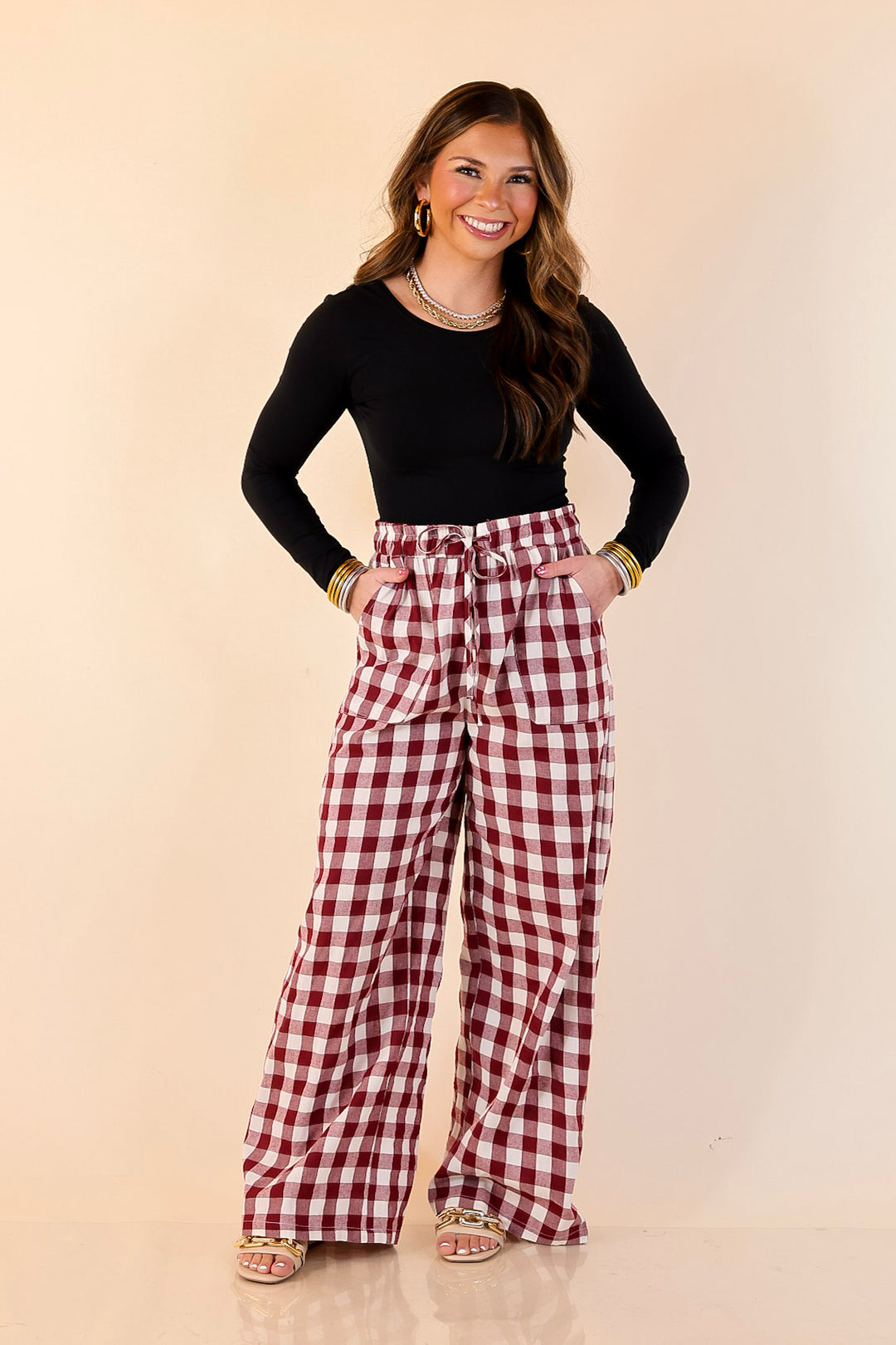 Pairs Well with Others Gingham Print Drawstring Pants with Elastic Waistband in Ivory and Maroon