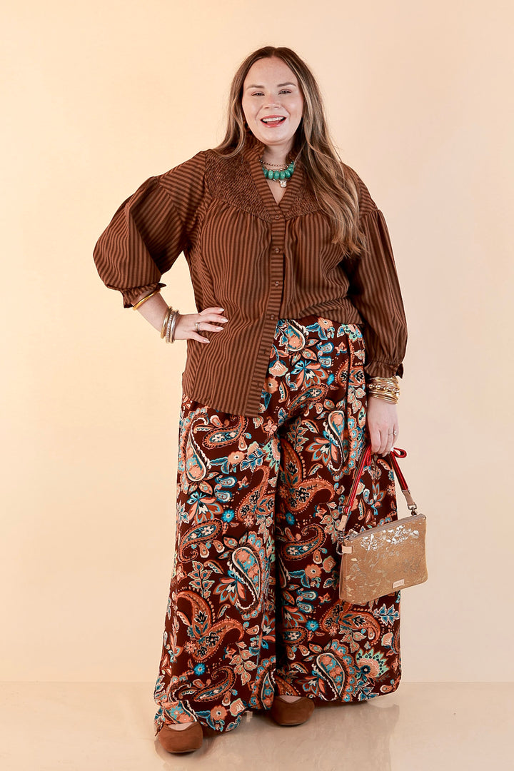 Free to Be Paisley Print Wide Leg Elastic Waist Pants in Chocolate Brown