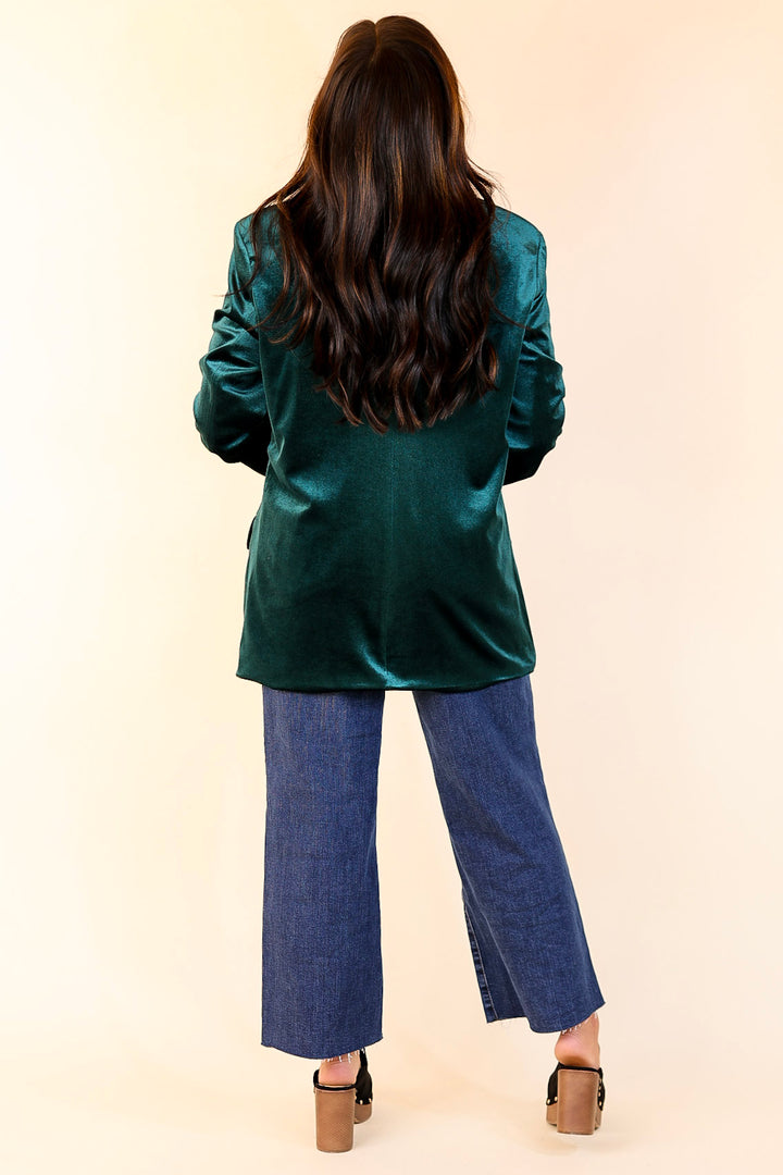 Touch Of Luxury Long Sleeve Velvet Blazer in Emerald Green